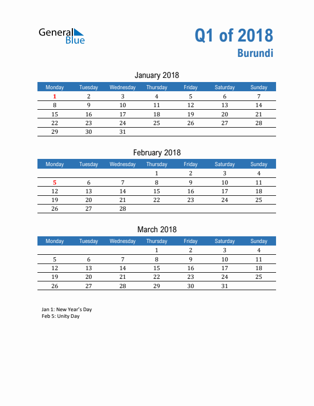 Burundi Q1 2018 Quarterly Calendar with Monday Start