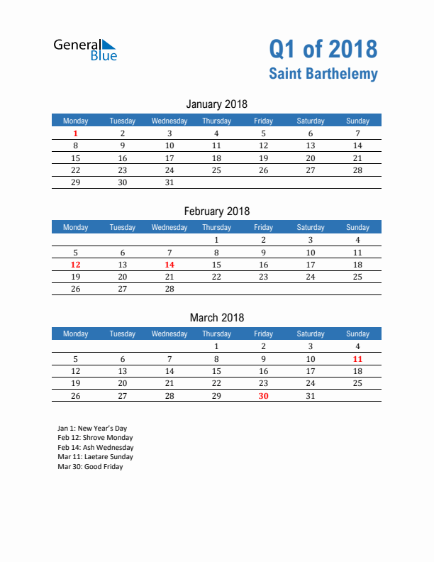 Saint Barthelemy Q1 2018 Quarterly Calendar with Monday Start