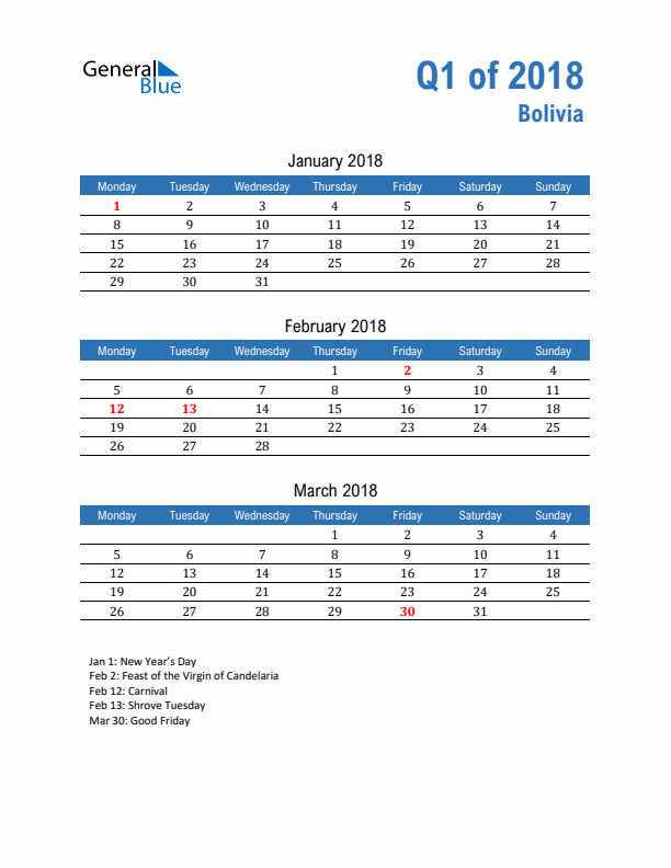 Bolivia Q1 2018 Quarterly Calendar with Monday Start