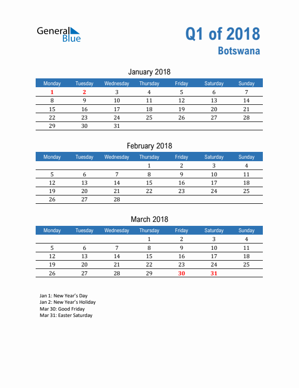 Botswana Q1 2018 Quarterly Calendar with Monday Start