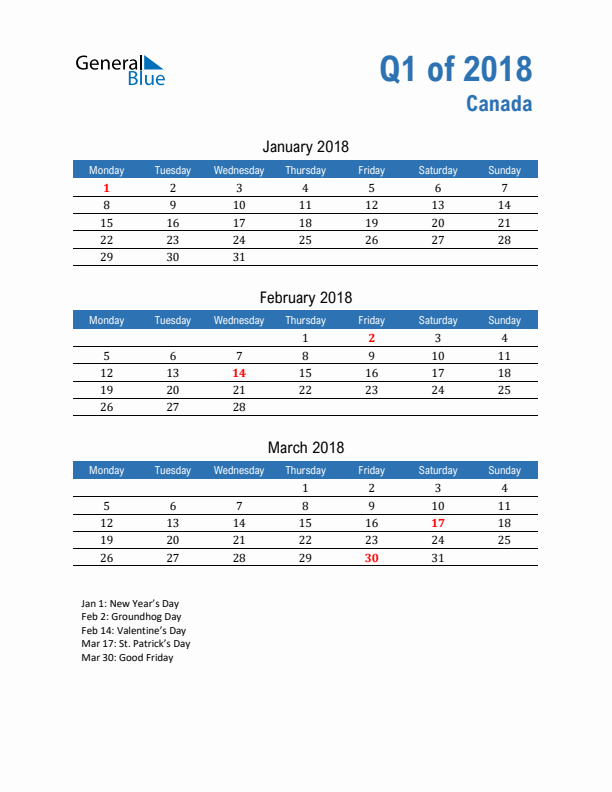 Canada Q1 2018 Quarterly Calendar with Monday Start