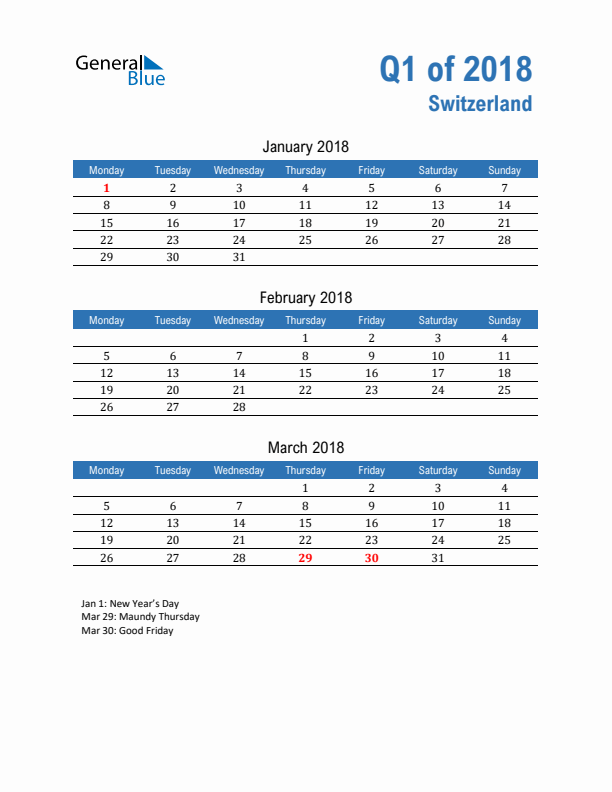 Switzerland Q1 2018 Quarterly Calendar with Monday Start