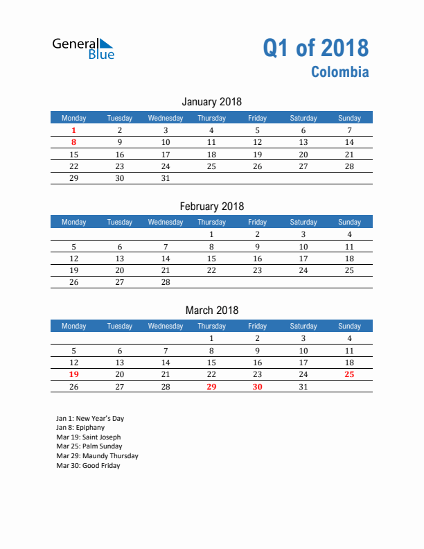 Colombia Q1 2018 Quarterly Calendar with Monday Start