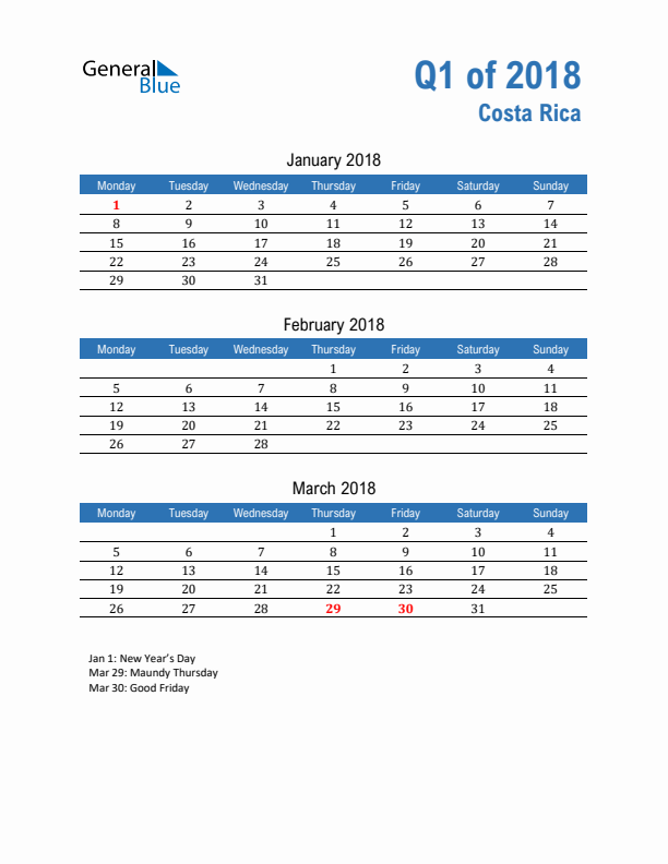 Costa Rica Q1 2018 Quarterly Calendar with Monday Start