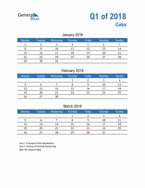 Cuba Q1 2018 Quarterly Calendar with Monday Start