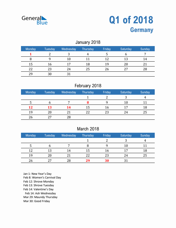 Germany Q1 2018 Quarterly Calendar with Monday Start