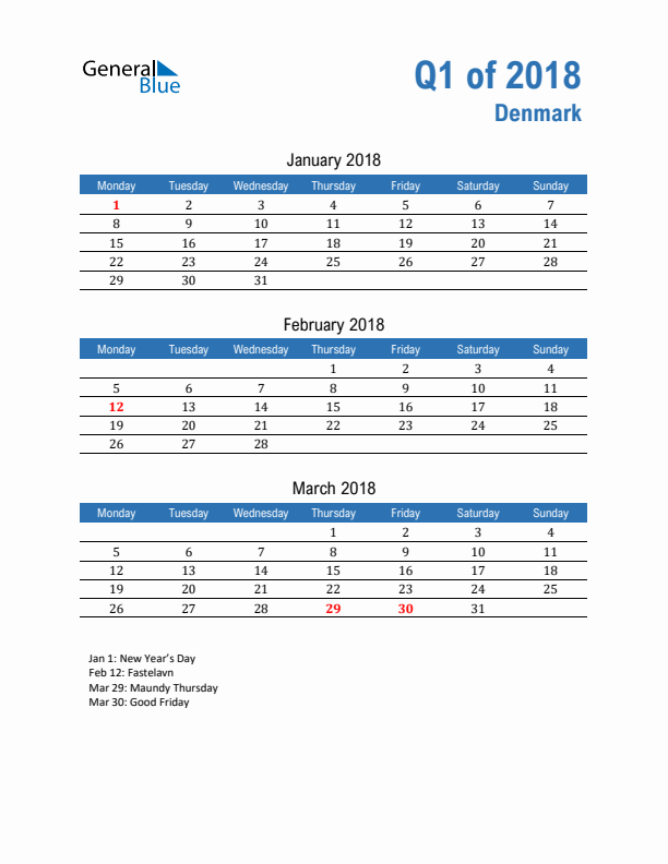 Denmark Q1 2018 Quarterly Calendar with Monday Start