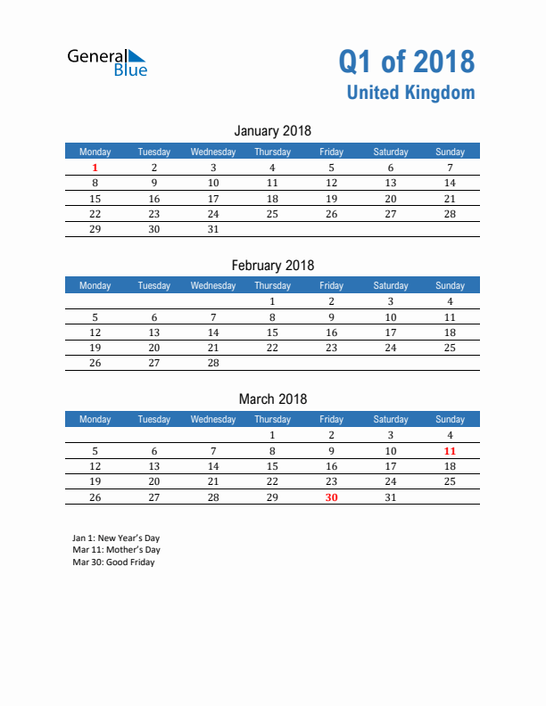 United Kingdom Q1 2018 Quarterly Calendar with Monday Start