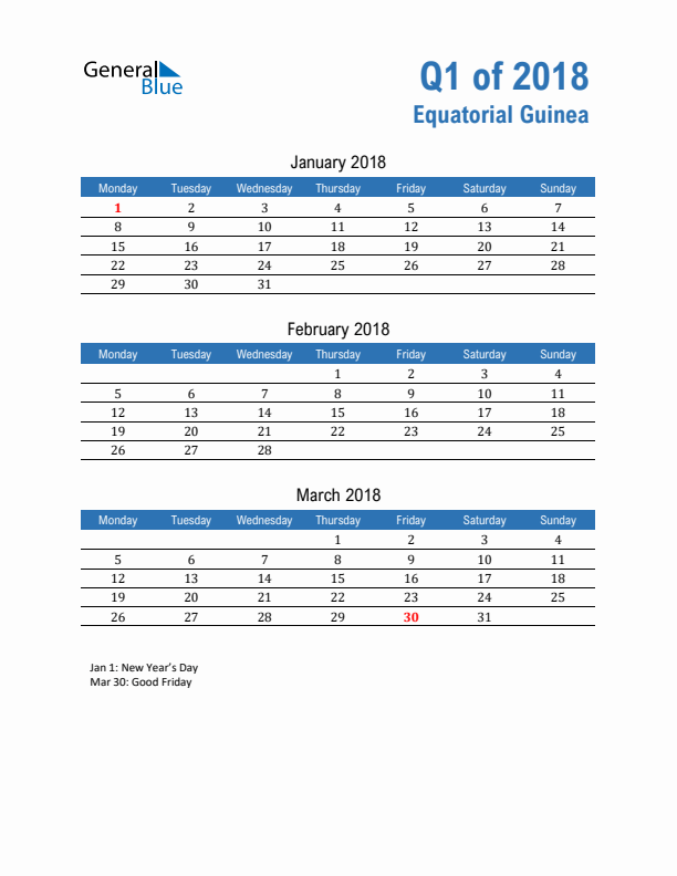 Equatorial Guinea Q1 2018 Quarterly Calendar with Monday Start