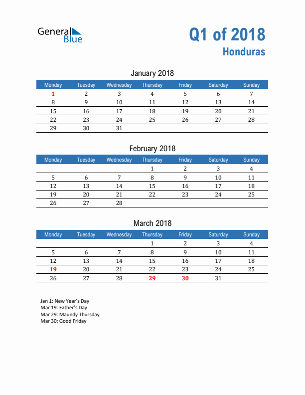 Honduras Q1 2018 Quarterly Calendar with Monday Start