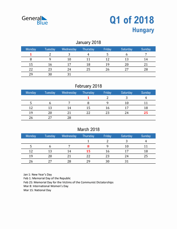 Hungary Q1 2018 Quarterly Calendar with Monday Start