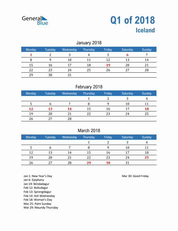 Iceland Q1 2018 Quarterly Calendar with Monday Start