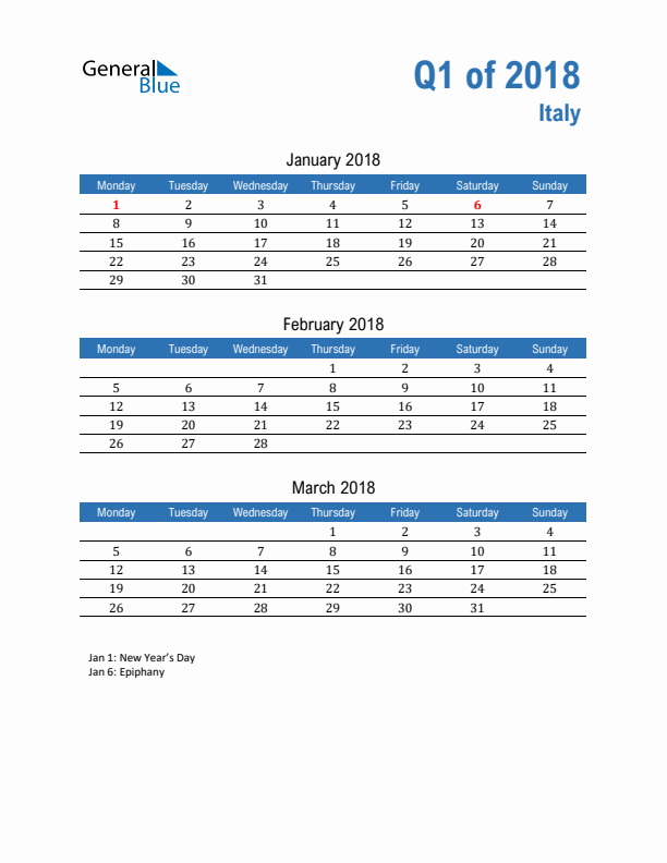 Italy Q1 2018 Quarterly Calendar with Monday Start