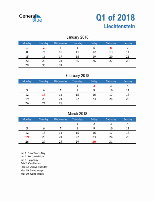 Liechtenstein Q1 2018 Quarterly Calendar with Monday Start