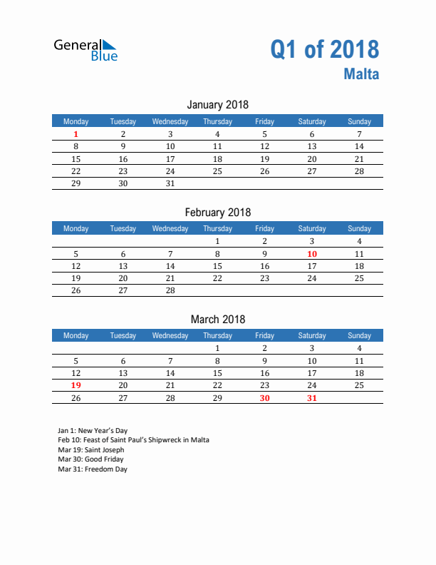 Malta Q1 2018 Quarterly Calendar with Monday Start