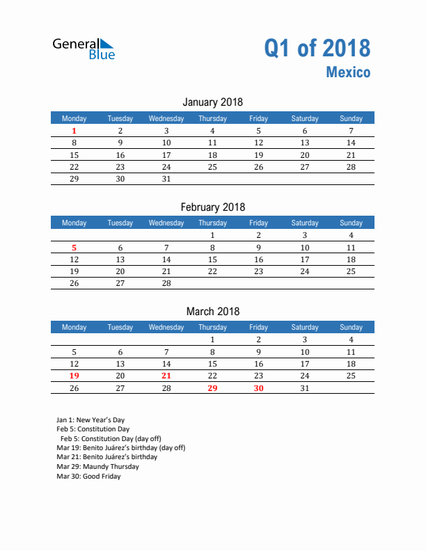 Mexico Q1 2018 Quarterly Calendar with Monday Start