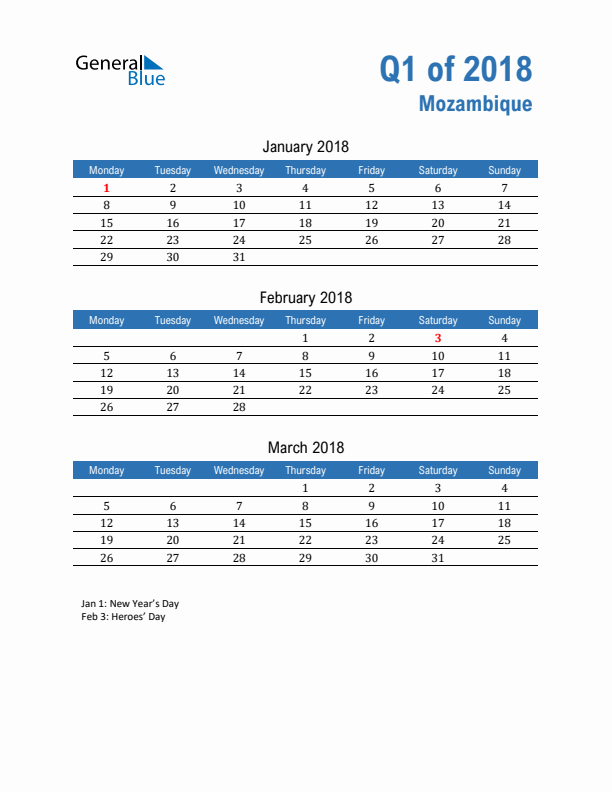 Mozambique Q1 2018 Quarterly Calendar with Monday Start