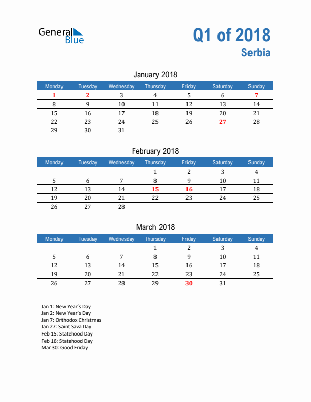 Serbia Q1 2018 Quarterly Calendar with Monday Start