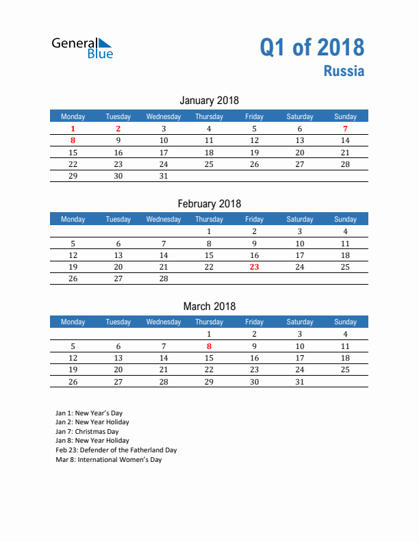 Russia Q1 2018 Quarterly Calendar with Monday Start