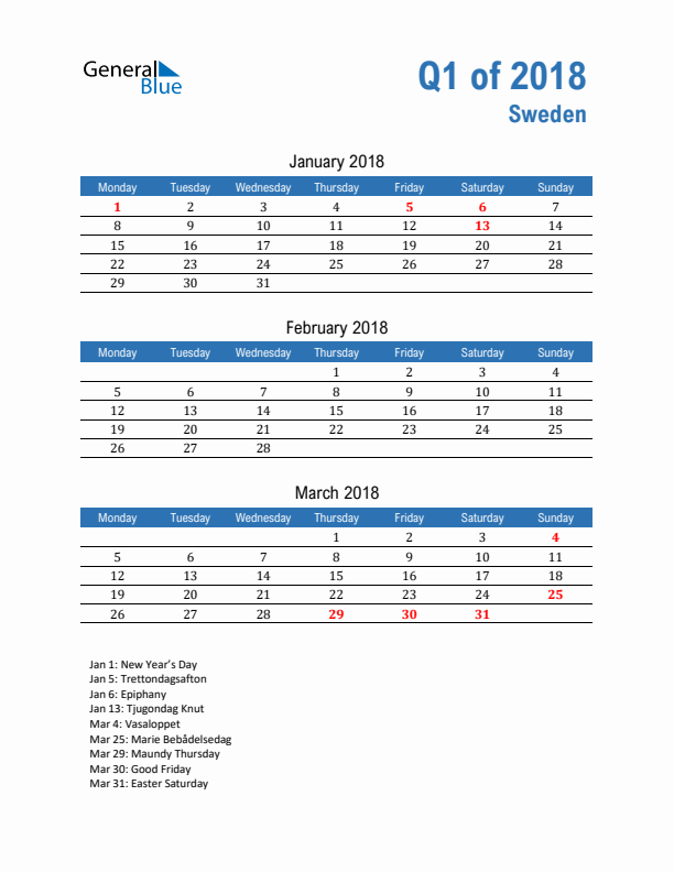 Sweden Q1 2018 Quarterly Calendar with Monday Start