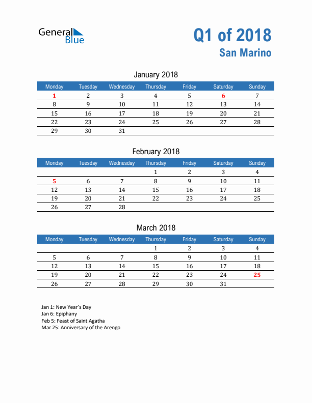 San Marino Q1 2018 Quarterly Calendar with Monday Start