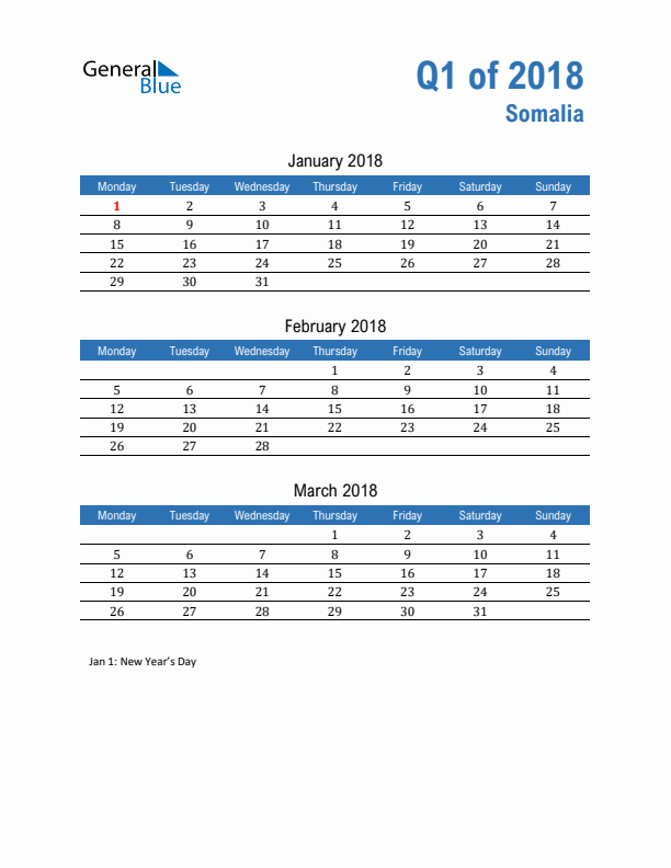 Somalia Q1 2018 Quarterly Calendar with Monday Start