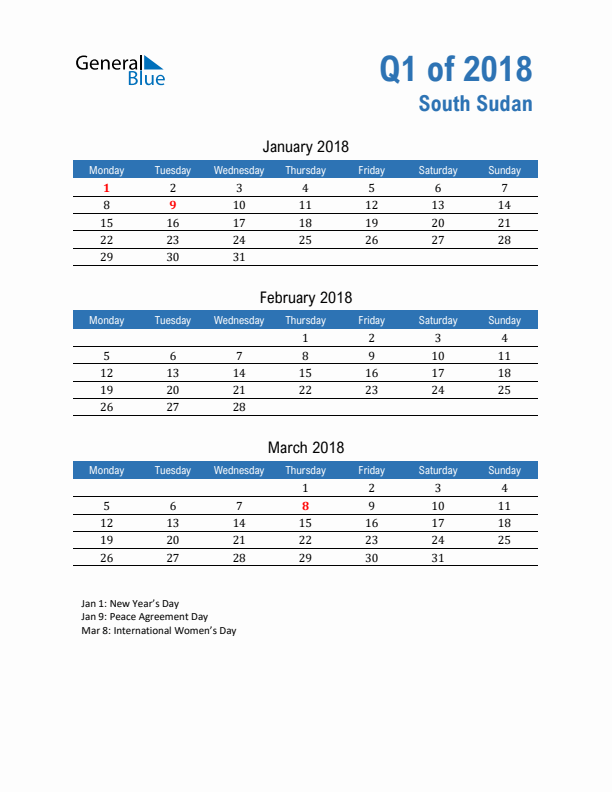 South Sudan Q1 2018 Quarterly Calendar with Monday Start