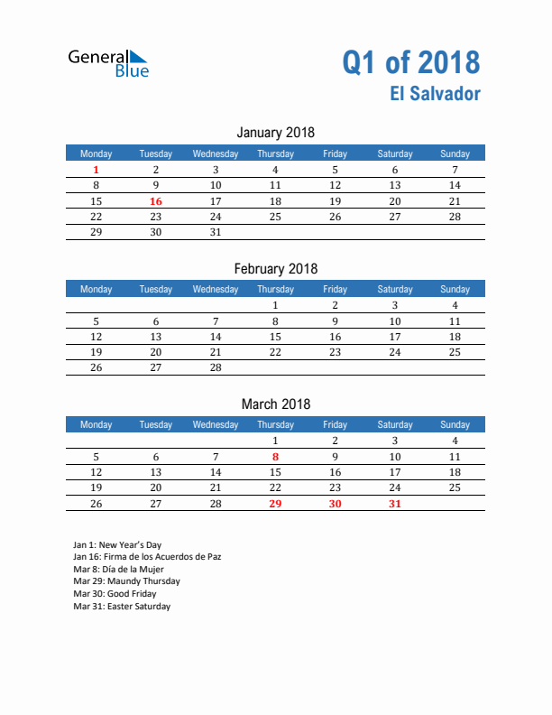 El Salvador Q1 2018 Quarterly Calendar with Monday Start