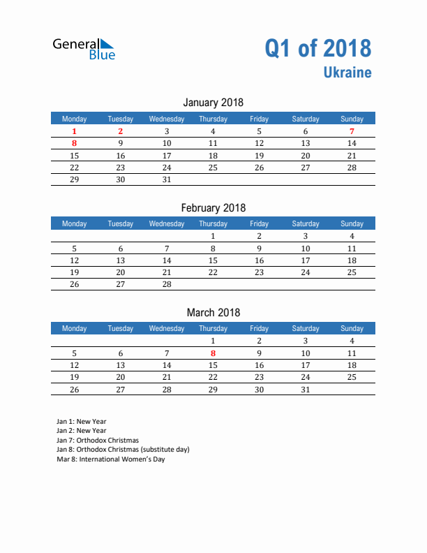 Ukraine Q1 2018 Quarterly Calendar with Monday Start