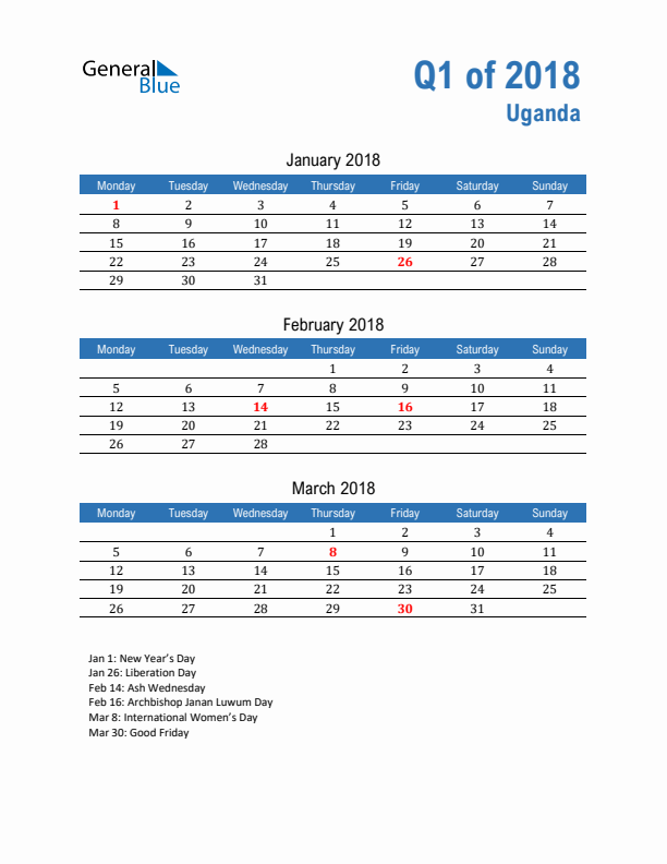 Uganda Q1 2018 Quarterly Calendar with Monday Start