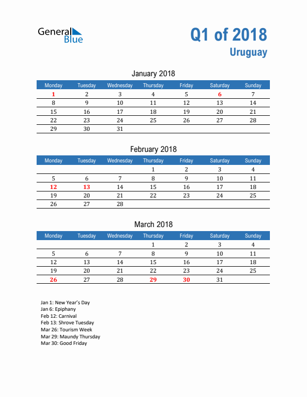 Uruguay Q1 2018 Quarterly Calendar with Monday Start