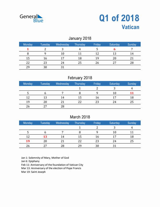 Vatican Q1 2018 Quarterly Calendar with Monday Start