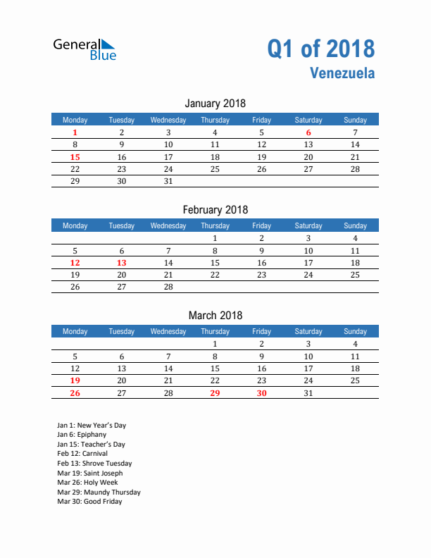 Venezuela Q1 2018 Quarterly Calendar with Monday Start