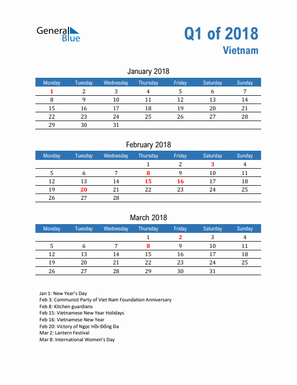 Vietnam Q1 2018 Quarterly Calendar with Monday Start