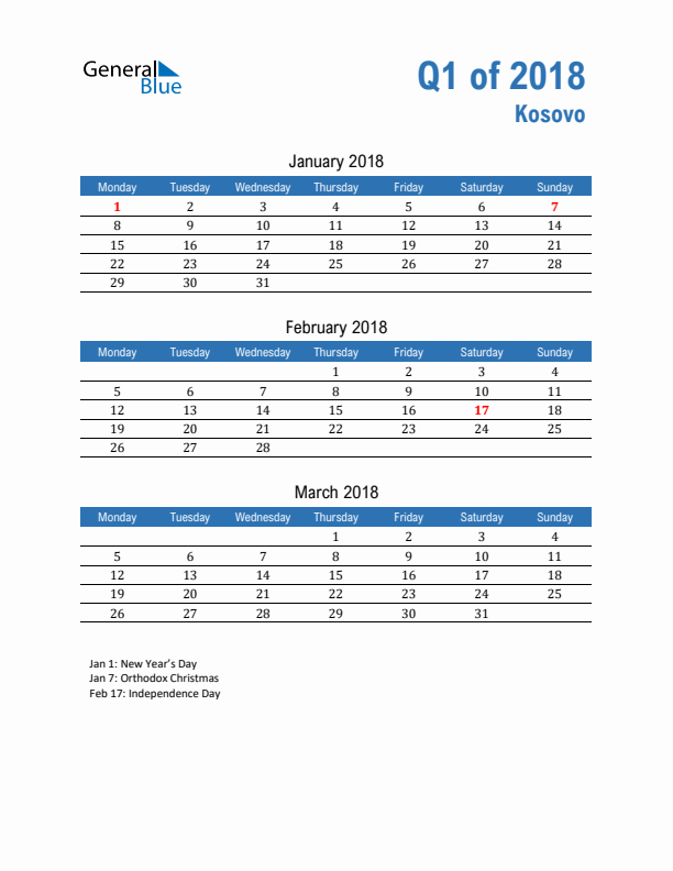 Kosovo Q1 2018 Quarterly Calendar with Monday Start