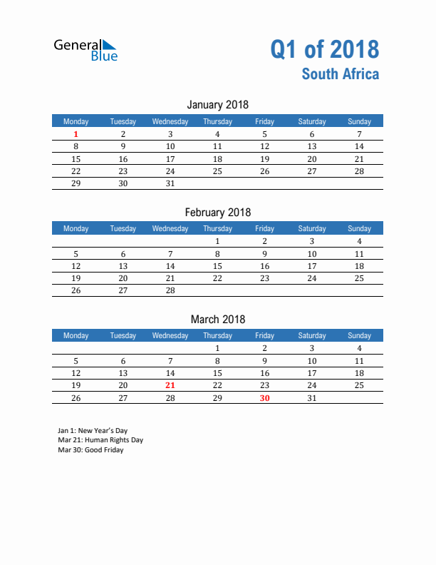 South Africa Q1 2018 Quarterly Calendar with Monday Start