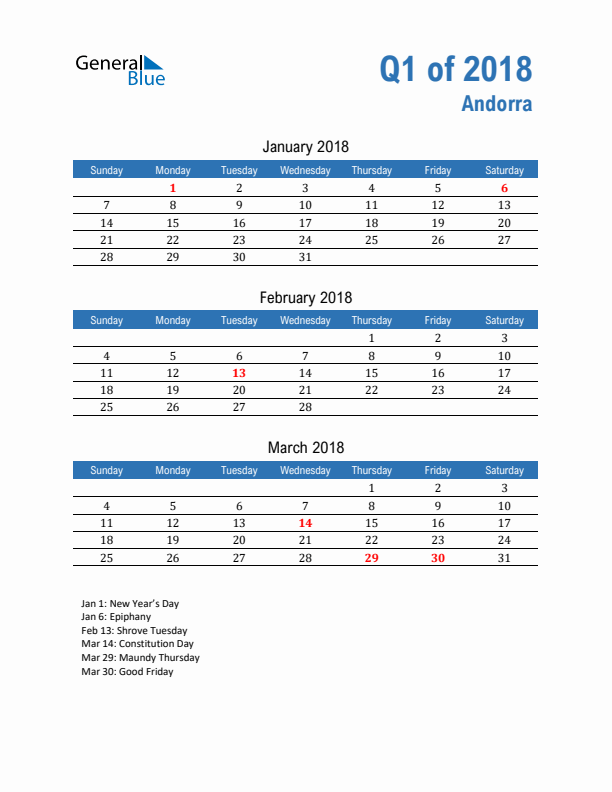 Andorra Q1 2018 Quarterly Calendar with Sunday Start