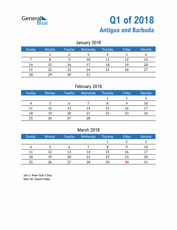 Antigua and Barbuda Q1 2018 Quarterly Calendar with Sunday Start