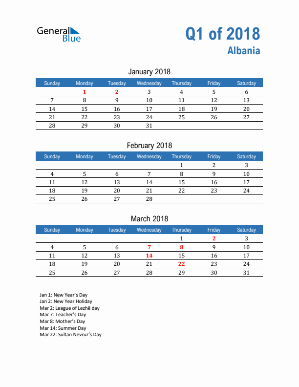 Albania Q1 2018 Quarterly Calendar with Sunday Start