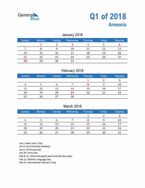 Armenia Q1 2018 Quarterly Calendar with Sunday Start