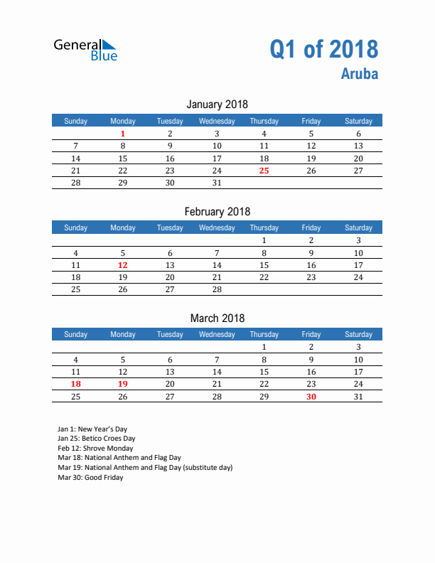 Aruba Q1 2018 Quarterly Calendar with Sunday Start