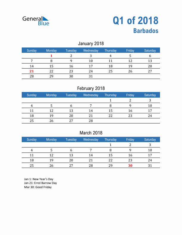 Barbados Q1 2018 Quarterly Calendar with Sunday Start