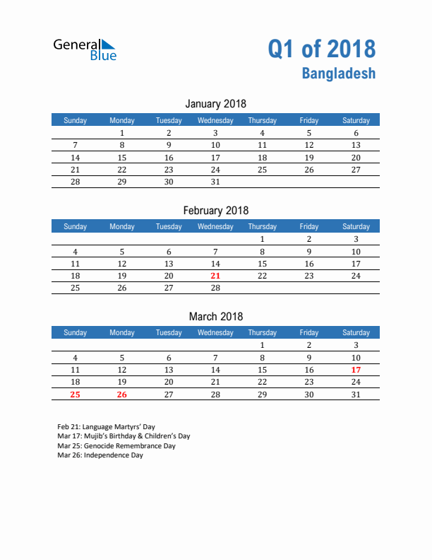 Bangladesh Q1 2018 Quarterly Calendar with Sunday Start