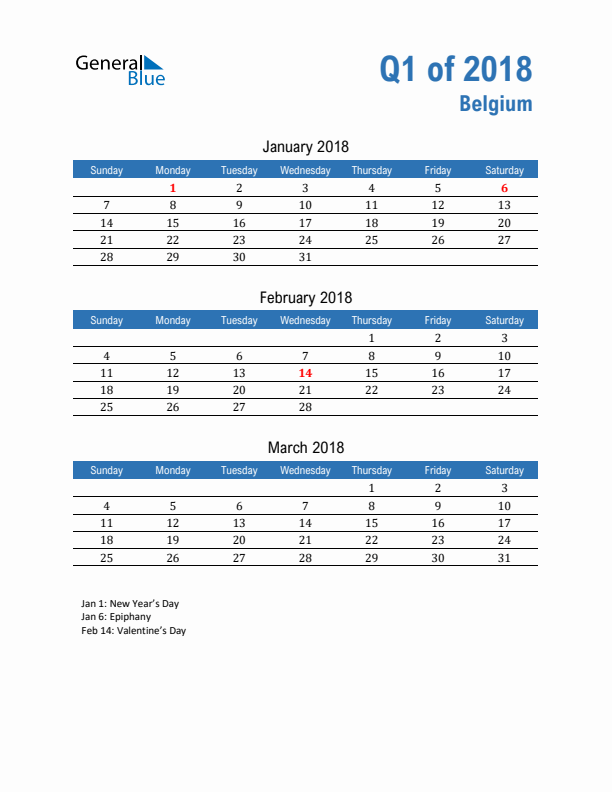 Belgium Q1 2018 Quarterly Calendar with Sunday Start