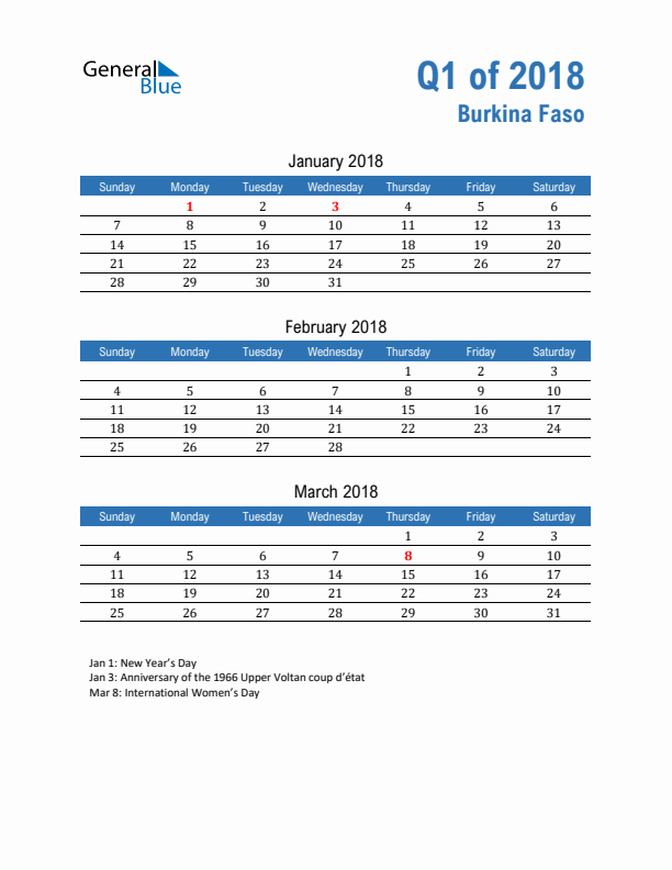 Burkina Faso Q1 2018 Quarterly Calendar with Sunday Start