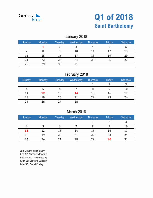 Saint Barthelemy Q1 2018 Quarterly Calendar with Sunday Start