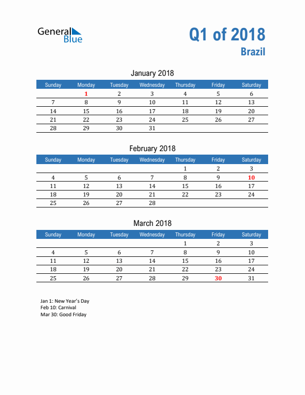 Brazil Q1 2018 Quarterly Calendar with Sunday Start