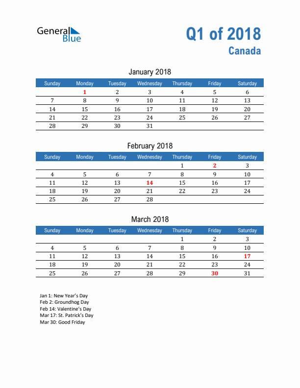 Canada Q1 2018 Quarterly Calendar with Sunday Start