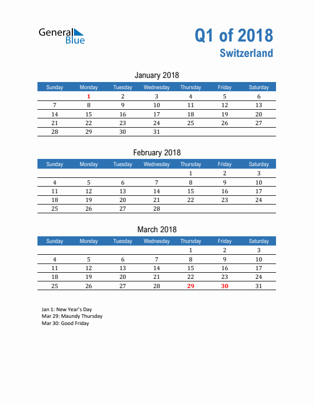 Switzerland Q1 2018 Quarterly Calendar with Sunday Start