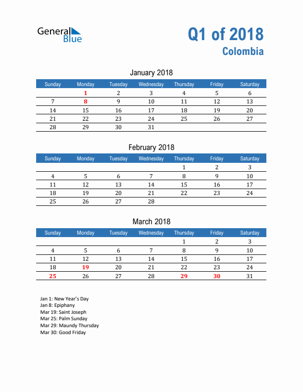 Colombia Q1 2018 Quarterly Calendar with Sunday Start